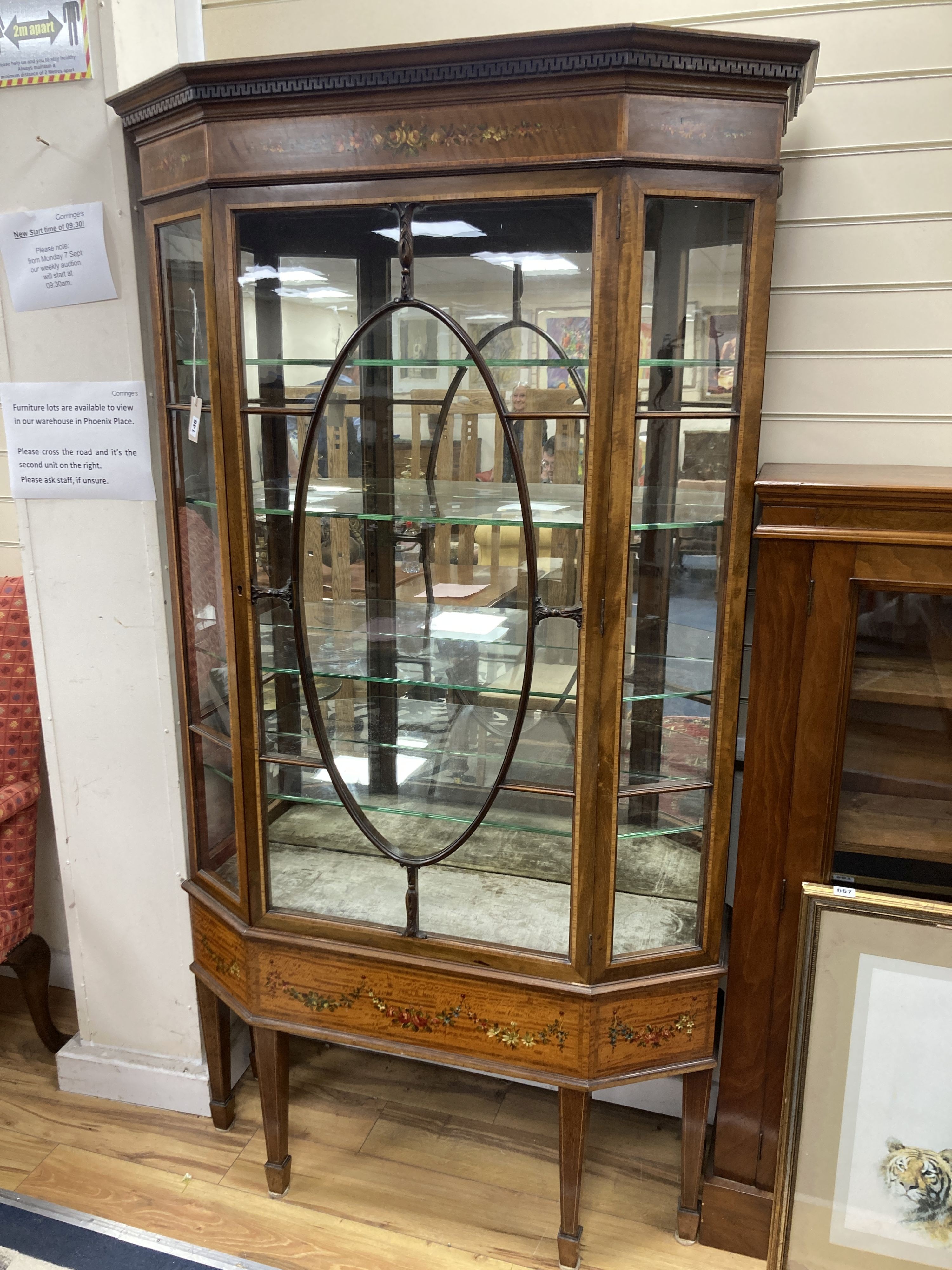 An Edwardian painted and banded mahogany and satinwood display cabinet. W-108, D-38, H-194cm.